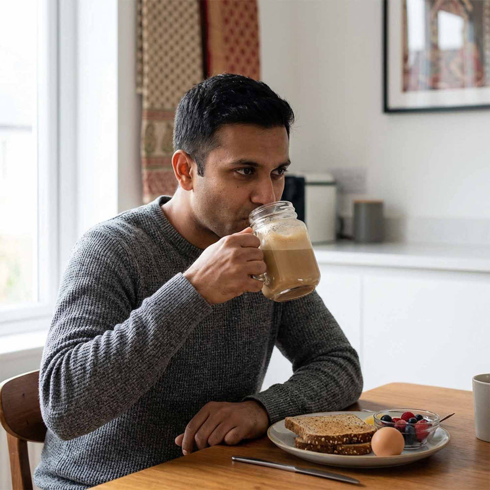 Barsana Magic and Man drinking from a jar of coffee in a kitchen setting