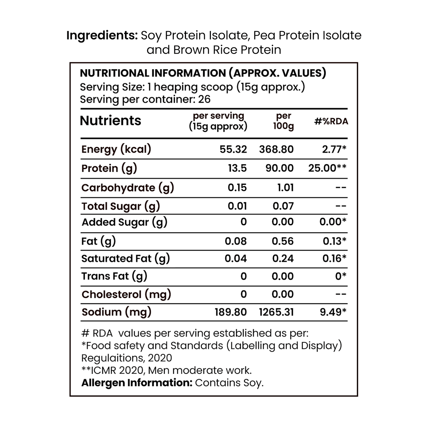 Barsana Magic and Nutritional information label for a protein supplement with ingredients listed.
