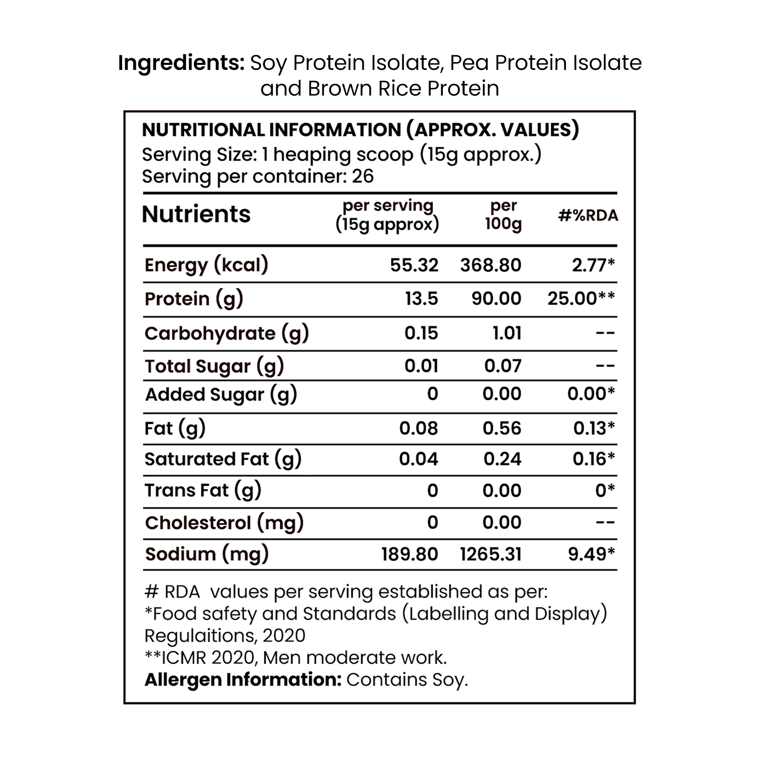 Barsana Magic and Nutritional information label for a protein supplement with ingredients listed.