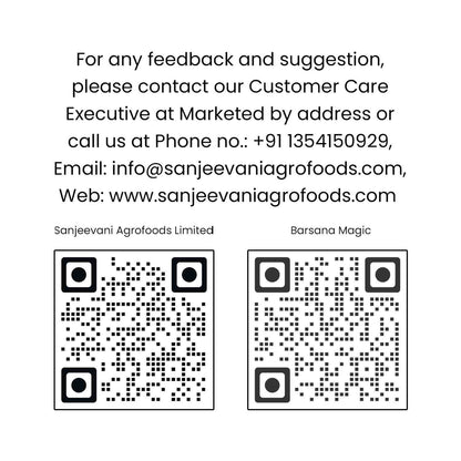 Barsana Magic and Contact information for Sanjeevani Agrofoods Limited with QR codes on a white background