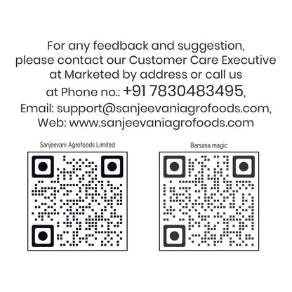 Barsana Magic and Contact information for Sanjeevani Agrofoods Limited with QR codes on a white background.