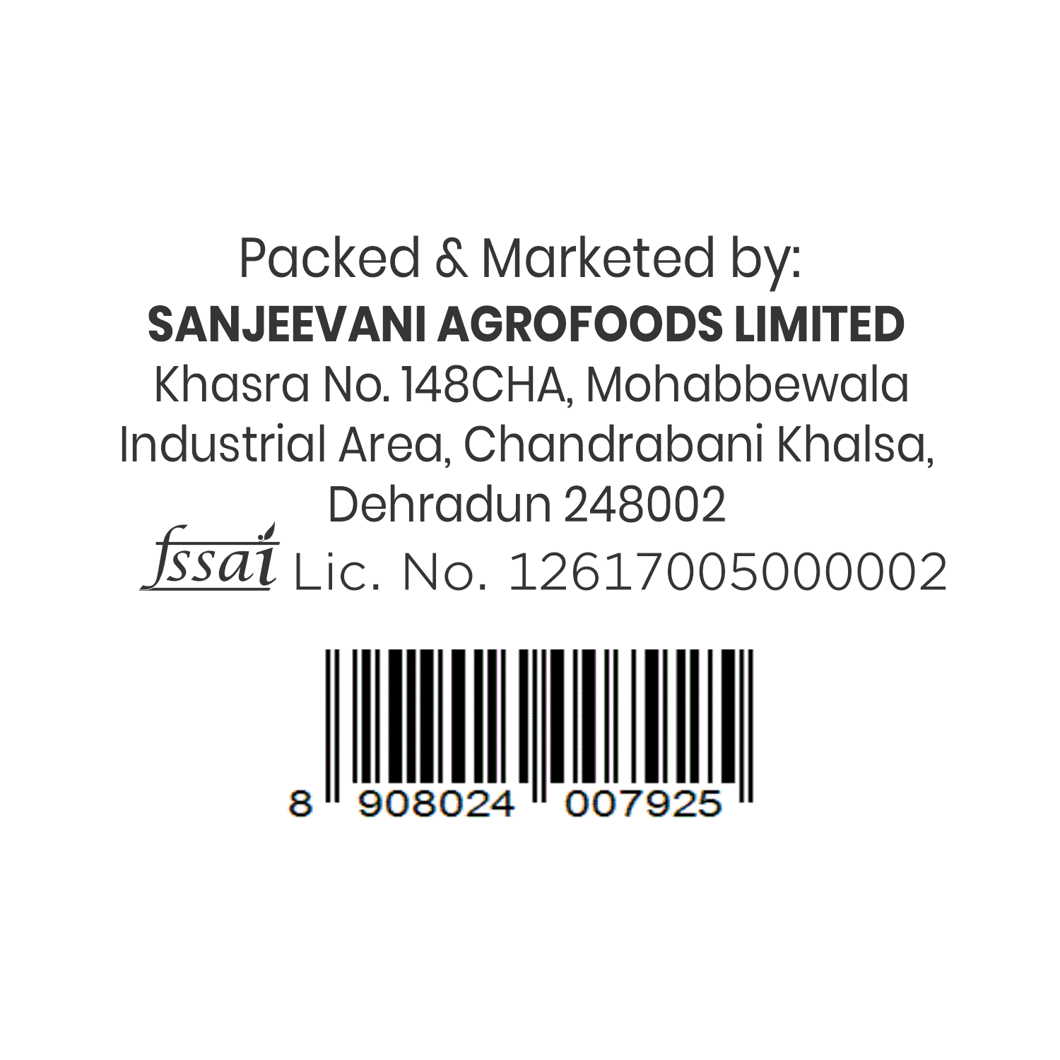 Barsana Magic and  Label with Sanjeevani Agrofoods Limited information and a barcode on a white background