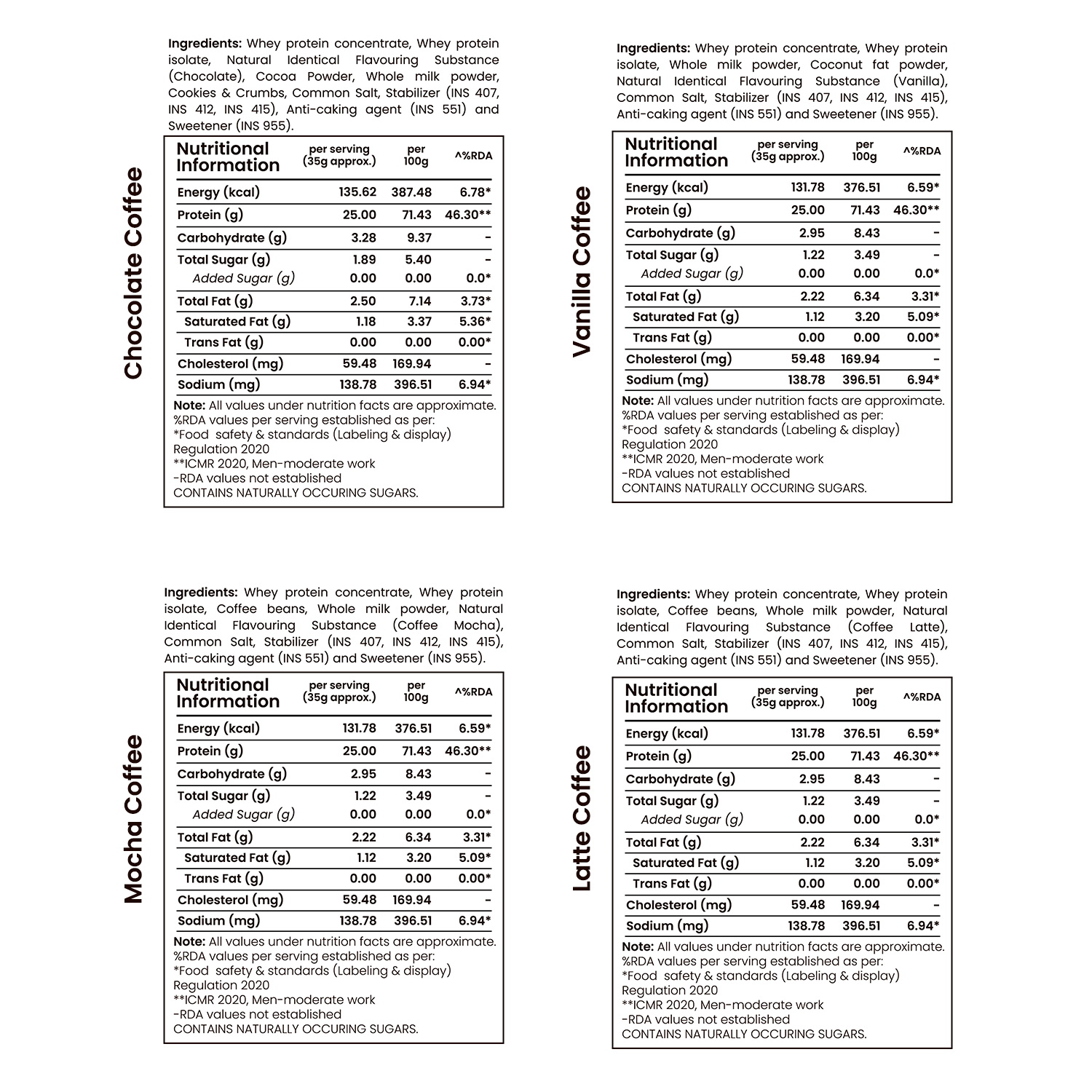 Barsana Magic and Nutritional information labels for different coffee flavors on a white background
