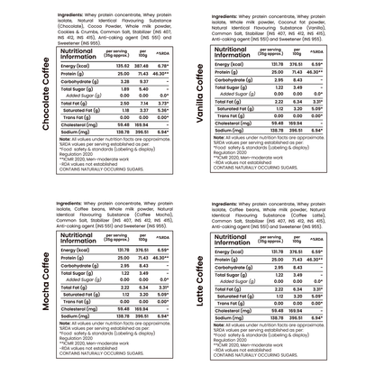 Barsana Magic and Nutritional information labels for different coffee flavors on a white background