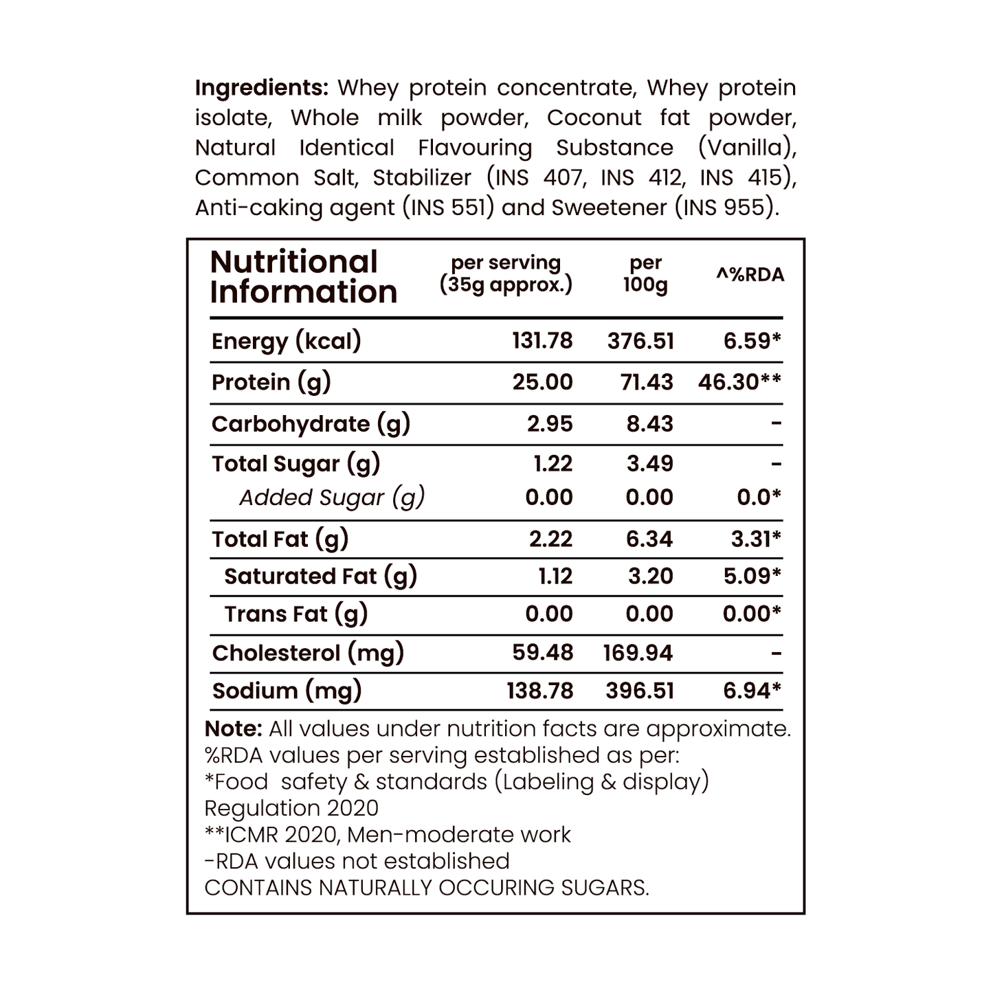 Barsana Magic and Nutritional information and ingredient list for a protein powder product on a white background.
