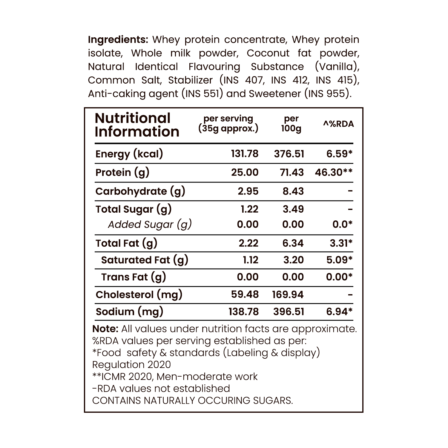 Barsana Magic and Nutritional information and ingredient list for a protein powder product on a white background.