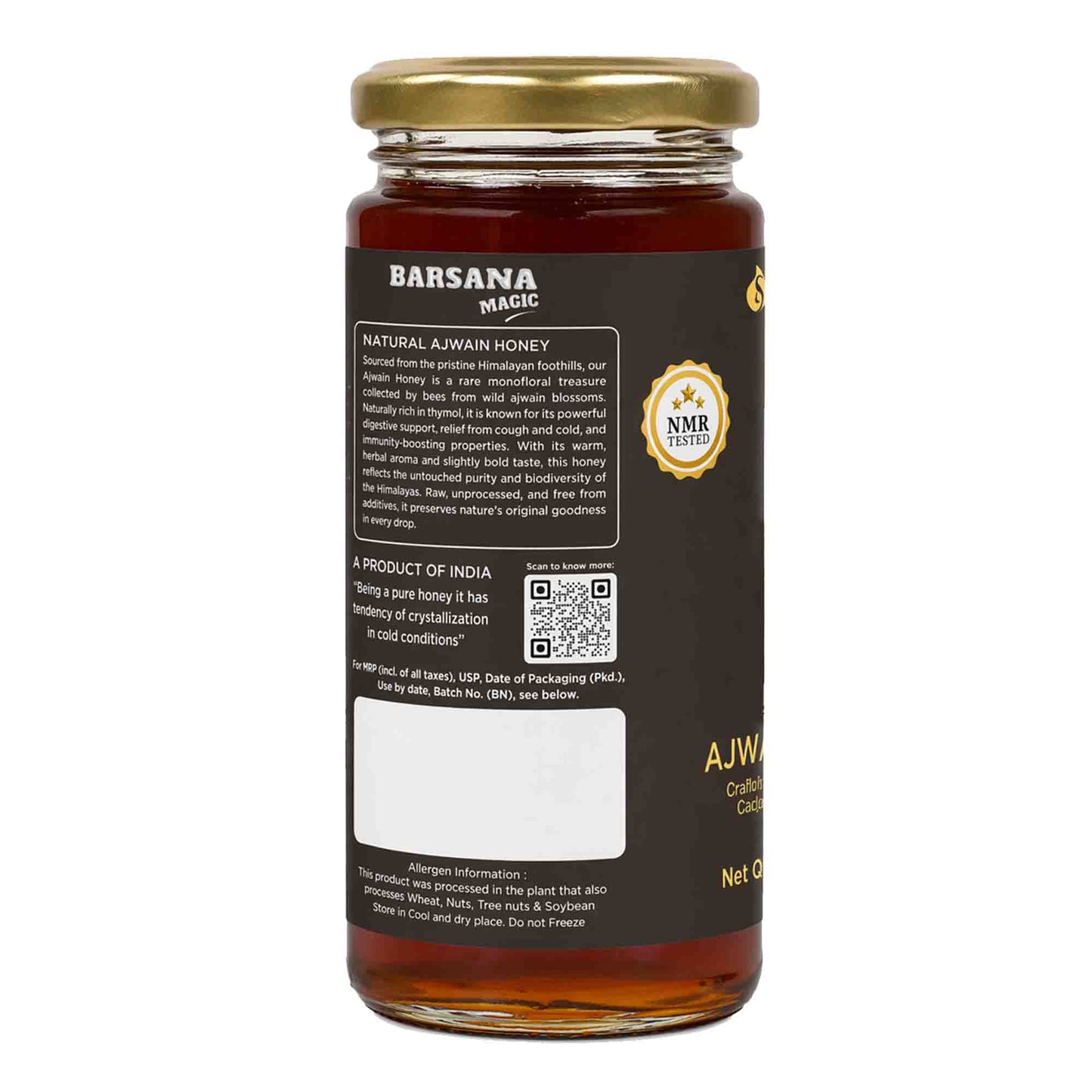 Barsana Magic and Jar of Barsana Ajwain Honey with a gold lid on a white background