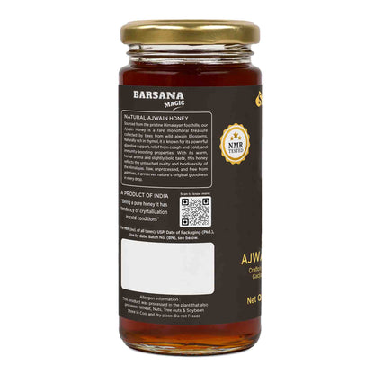 Barsana Magic and Jar of Barsana Ajwain Honey with a gold lid on a white background