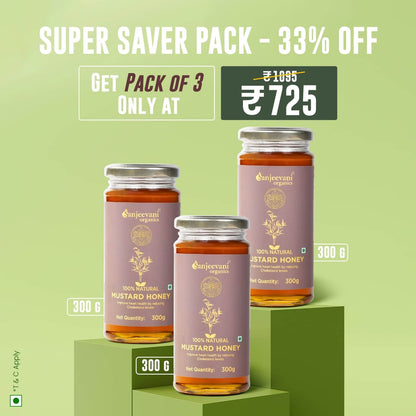 Barsana Magic and Three jars of mustard honey with a promotional offer on a green background