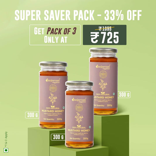 Barsana Magic and Three jars of mustard honey with a promotional offer on a green background