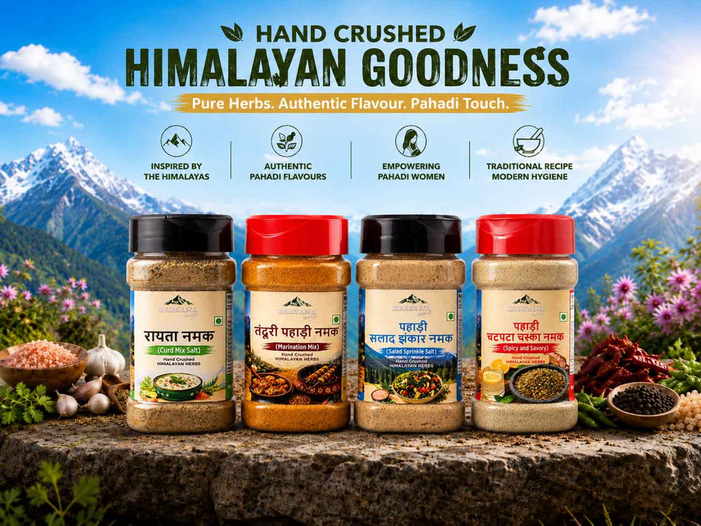 Barsana Magic and Four jars of Himalayan Goodness hand-pressed spices displayed on a stone surface with a mountain backdrop and herbs around them. The top of the image includes promotional text and icons.