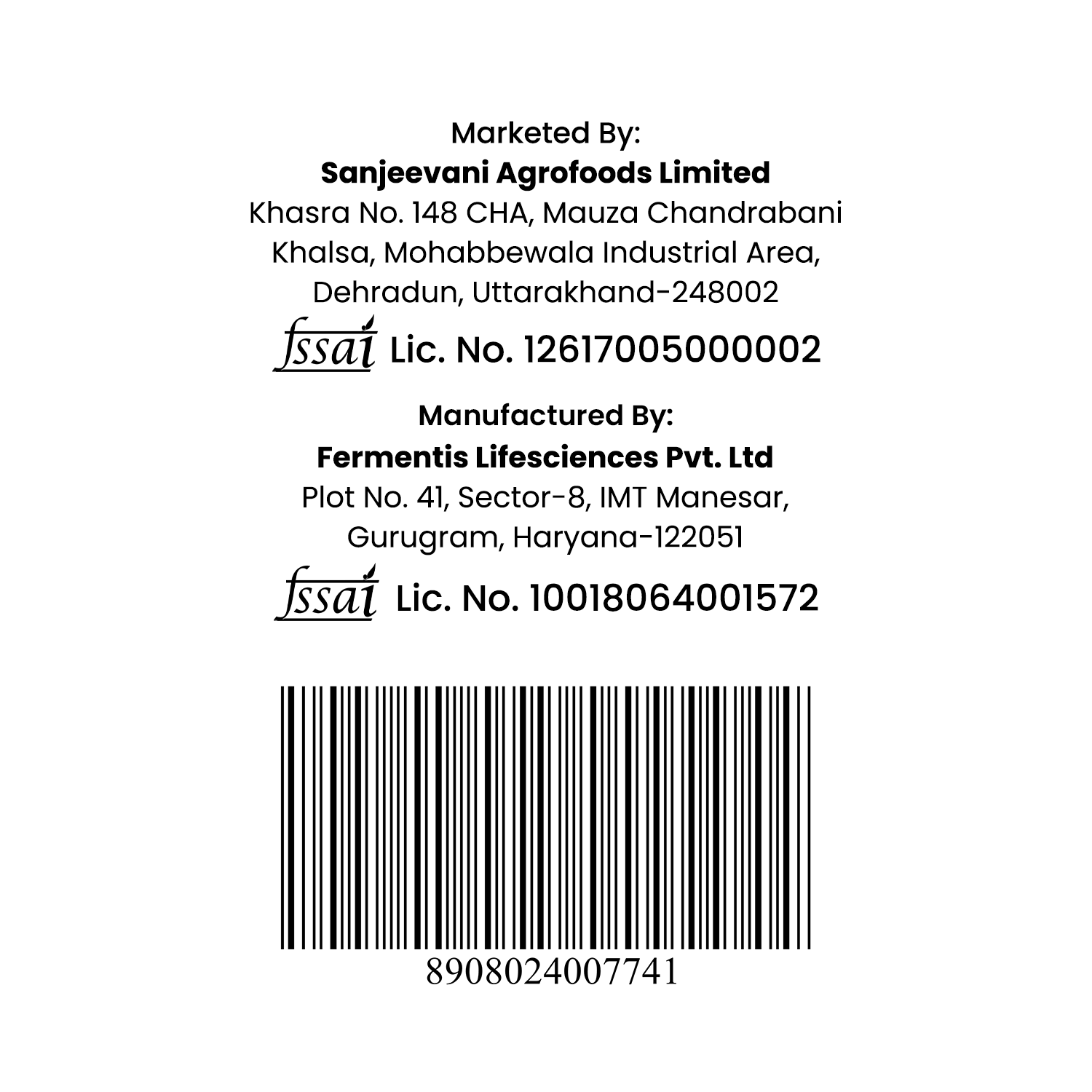 Barsana Magic and Product label with Sanjeevani Agrofoods Limited and Fermentis Lifesciences Pvt. Ltd contact information on a white background.