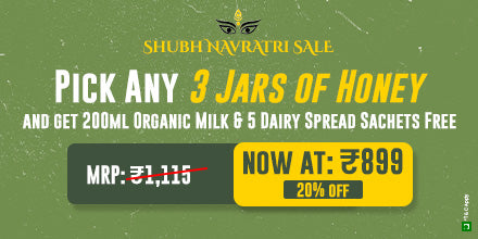 Barsana Magic and Promotional banner for Shubh Navratri Sale with honey jars at 899 offer on a green background.