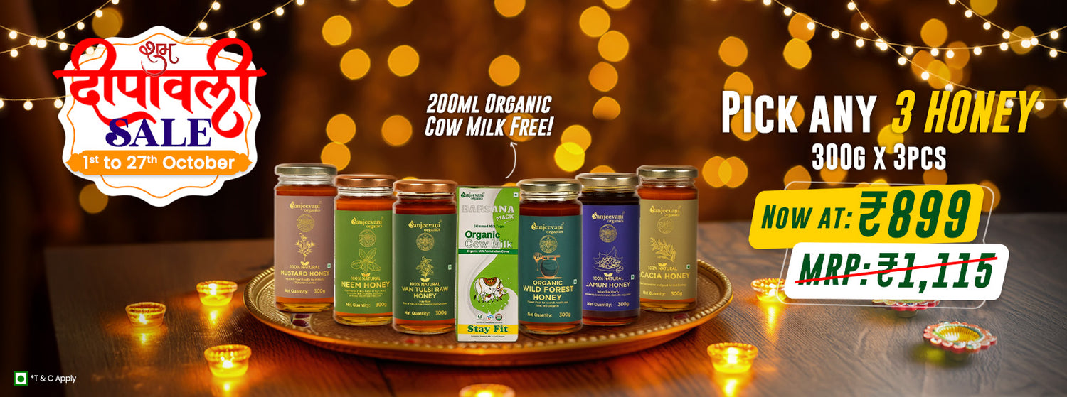 Barsana Magic and Promotional banner for honey products with a sale offer on a dark background with lights.