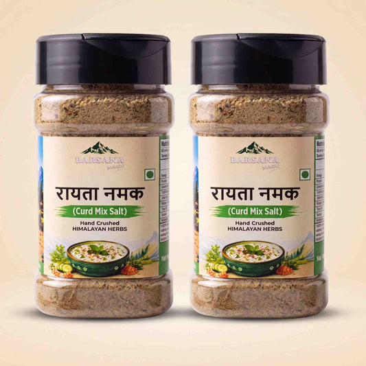 Barsana Magic and Two jars of Barsara Valley Rayata Namak (Curd Mix Salt) hand crushed Himalayan herbs, displayed side-by-side on a light beige background.