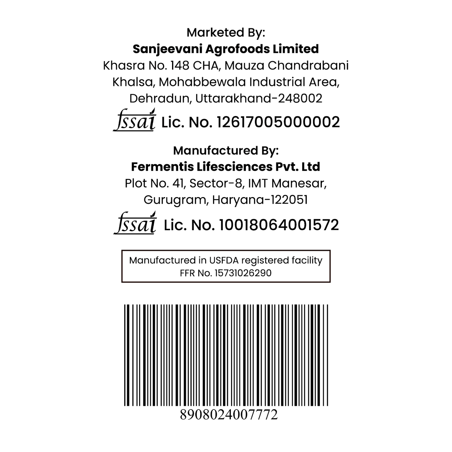 Barsana Magic and Back of a product label with Sanjeevani Agrofoods Limited and Fermentis Lifesciences Pvt. Ltd contact information, license numbers, and a barcode.