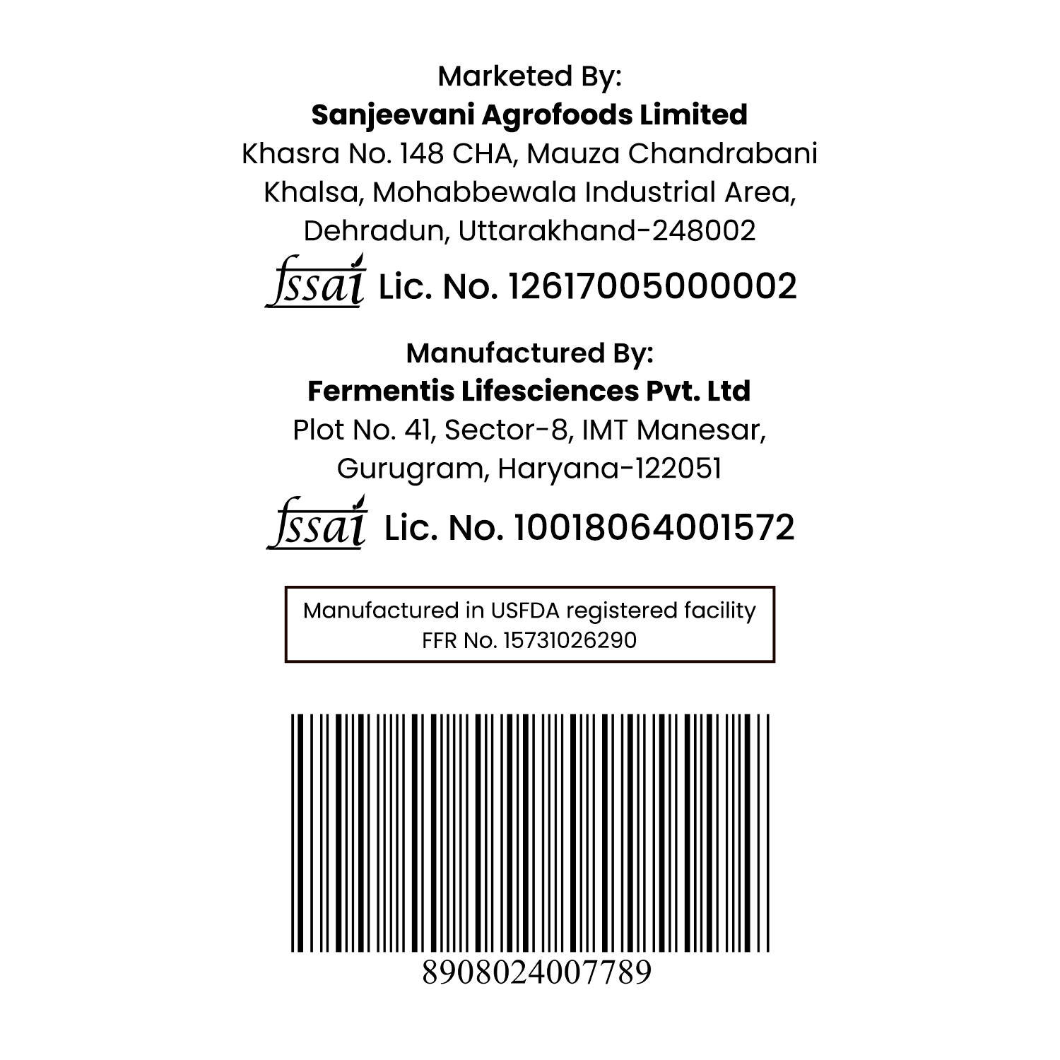 Barsana Magic and Back of a product label with Sanjeevani Agrofoods Limited and Fermentis Lifesciences Pvt. Ltd contact information, license numbers, and a barcode.