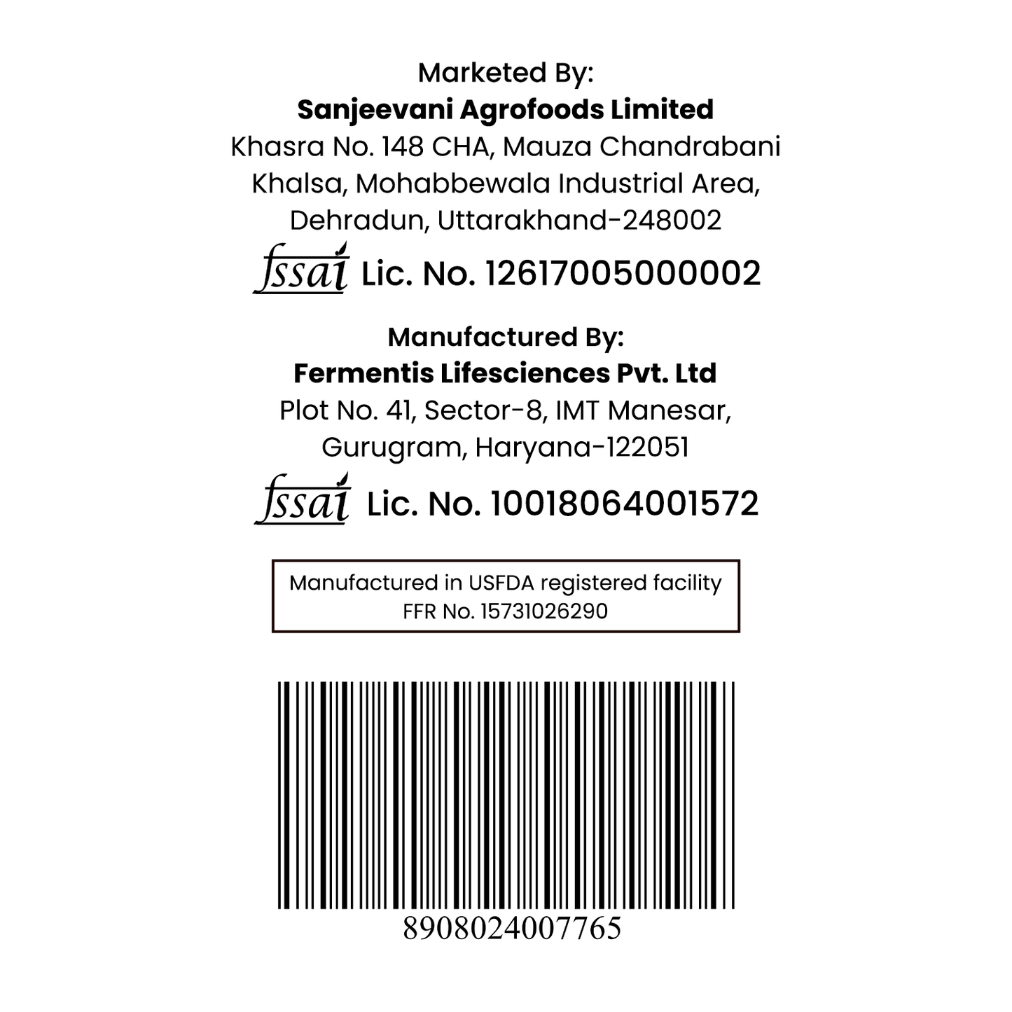 Barsana Magic and Back of a product label with Sanjeevani Agrofoods Limited and Fermentis Lifesciences Pvt. Ltd contact information, license numbers, and a barcode.
