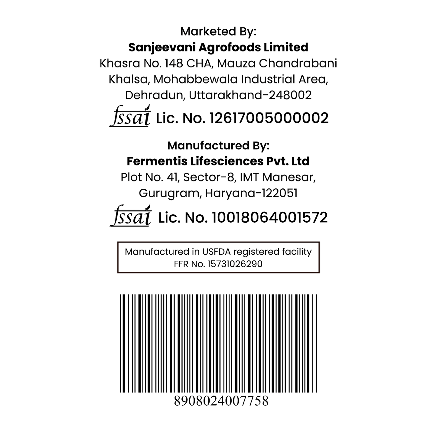 Barsana Magic and Product label with manufacturing details and barcode on a white background