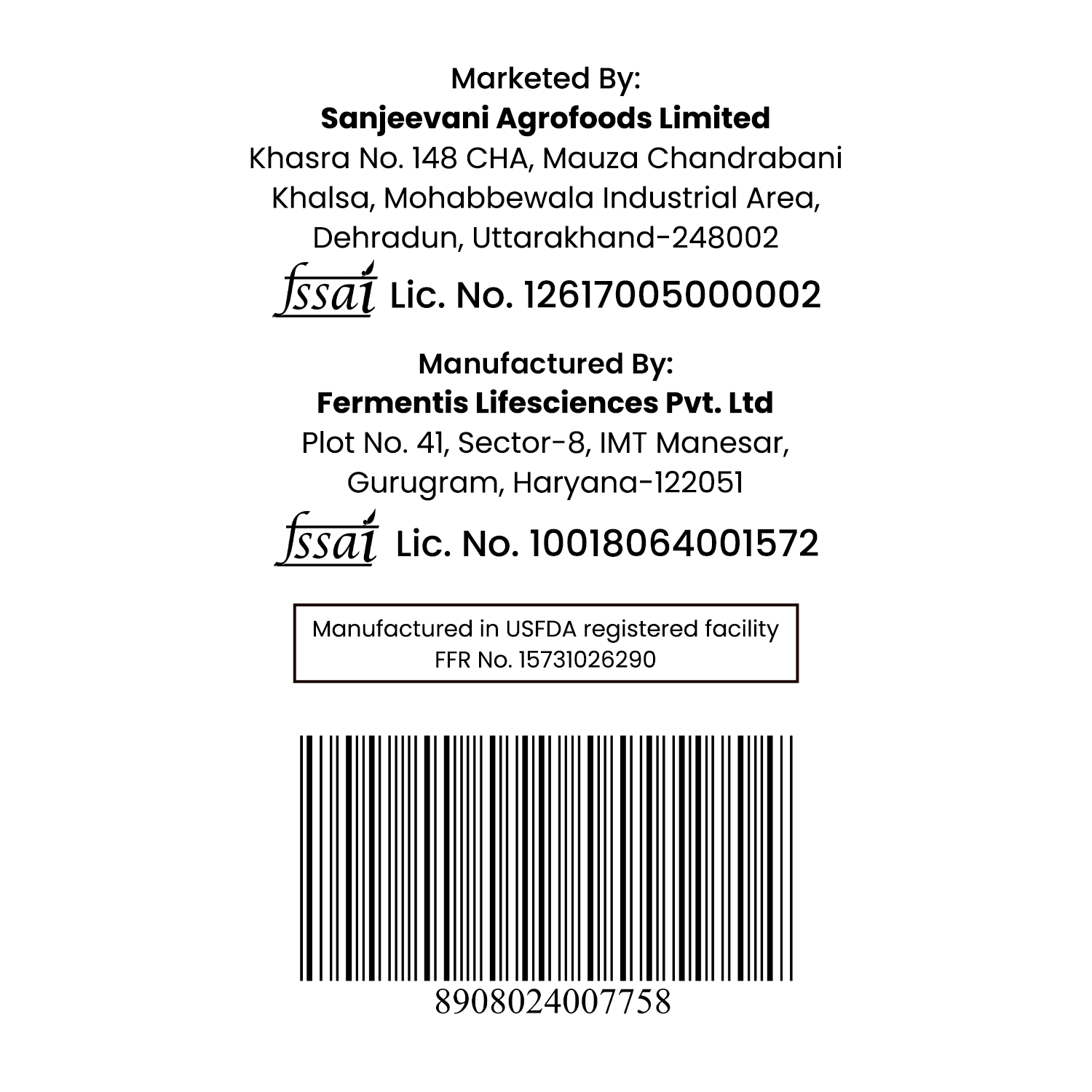 Barsana Magic and Product label with manufacturing details and barcode on a white background