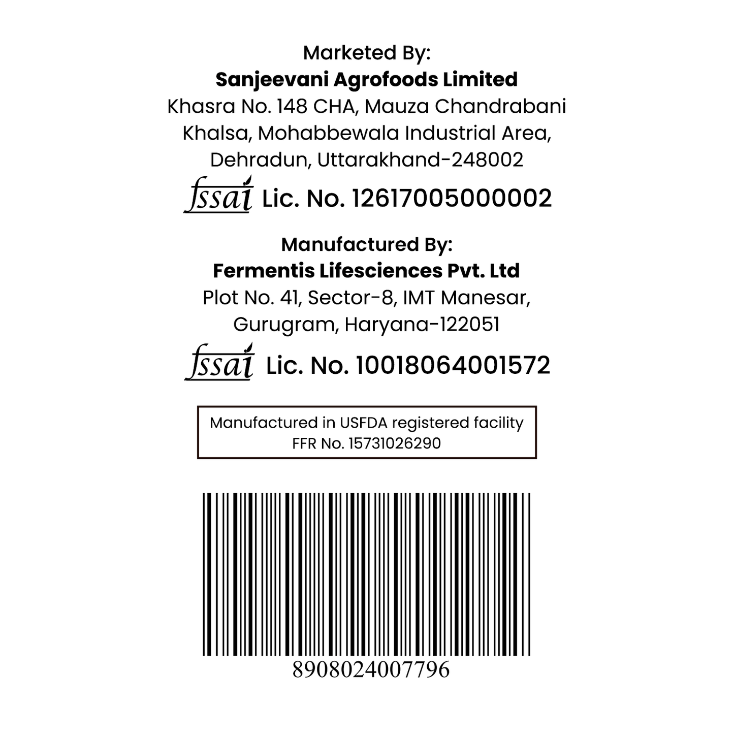 Barsana Magic and Back of a product label with Sanjeevani Agrofoods Limited and Fermentis Lifesciences Pvt. Ltd contact information, license numbers, and a barcode.