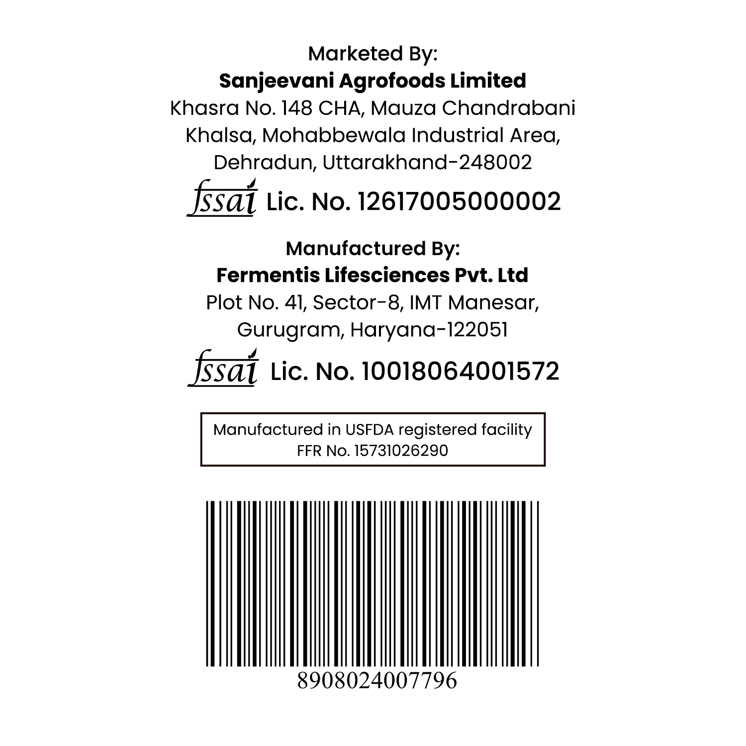 Barsana Magic and Back of a product label with Sanjeevani Agrofoods Limited and Fermentis Lifesciences Pvt. Ltd contact information, license numbers, and a barcode.