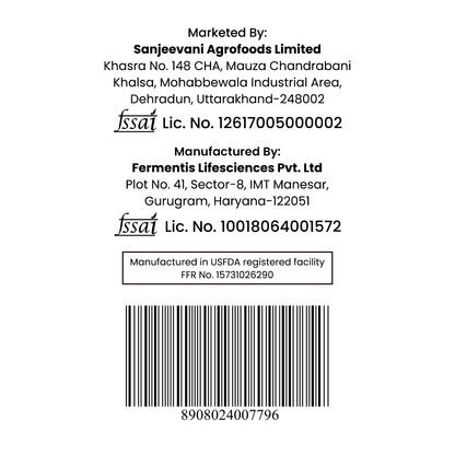 Barsana Magic and Back of a product label with Sanjeevani Agrofoods Limited and Fermentis Lifesciences Pvt. Ltd contact information, license numbers, and a barcode.