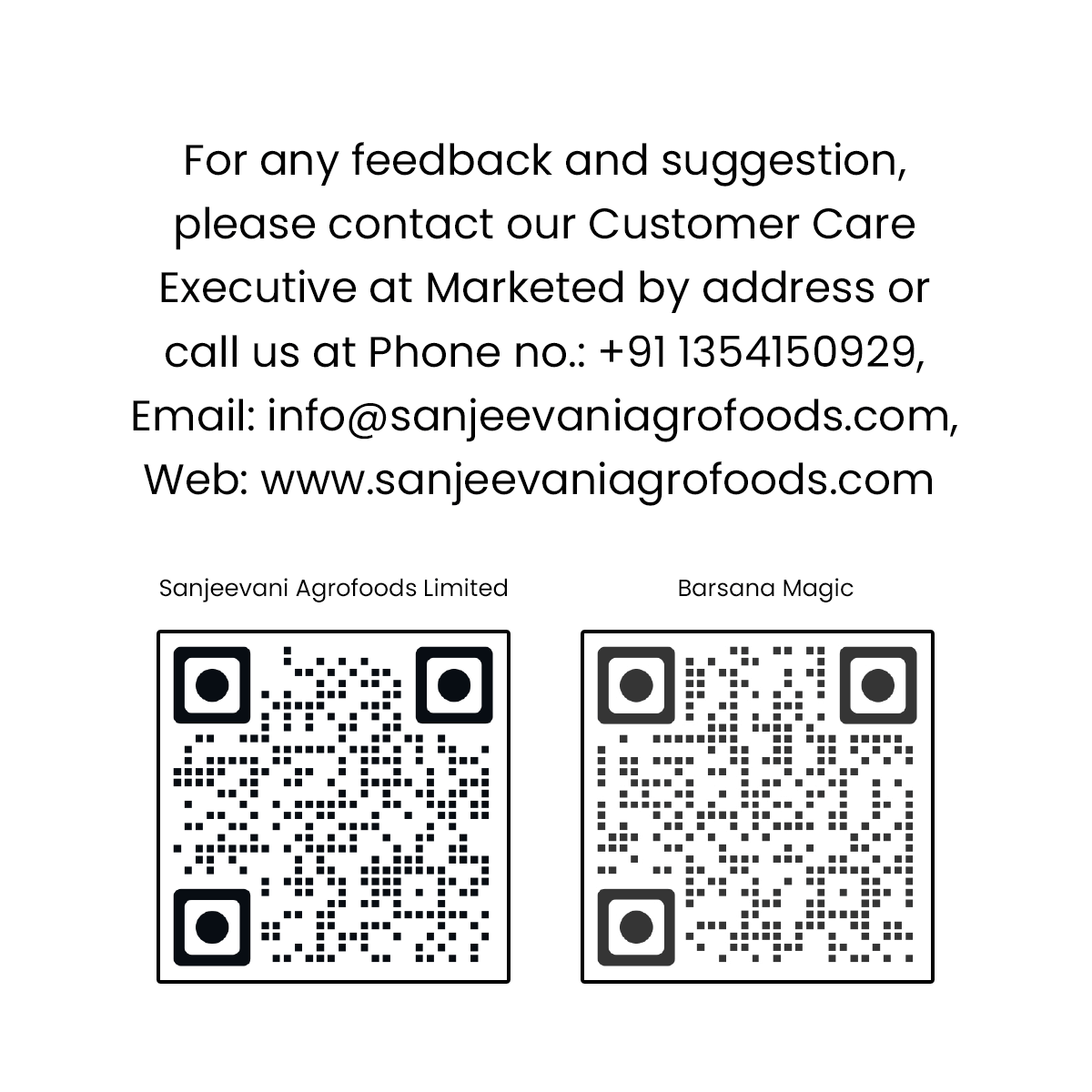 Barsana Magic and Contact information for Sanjeevani Agrofoods Limited with QR codes on a white background
