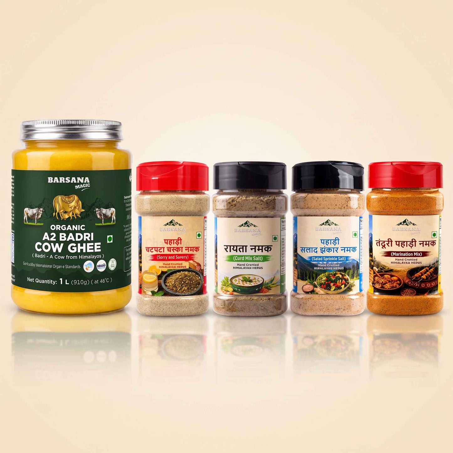 Organic A2 Badri Cow Ghee 1 Litre + Himalayan Pahadi Namak Combo (Pack of 4)