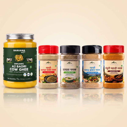 Organic A2 Badri Cow Ghee 1 Litre + Himalayan Pahadi Namak Combo (Pack of 4)
