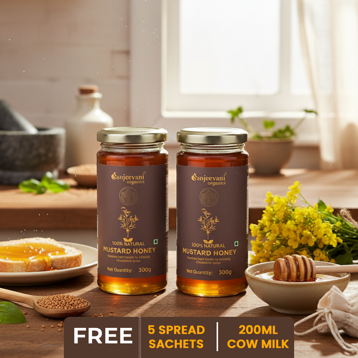 Barsana Magic and Two jars of Sanjeevani Organics mustard honey on a wooden table with kitchen items in the background.