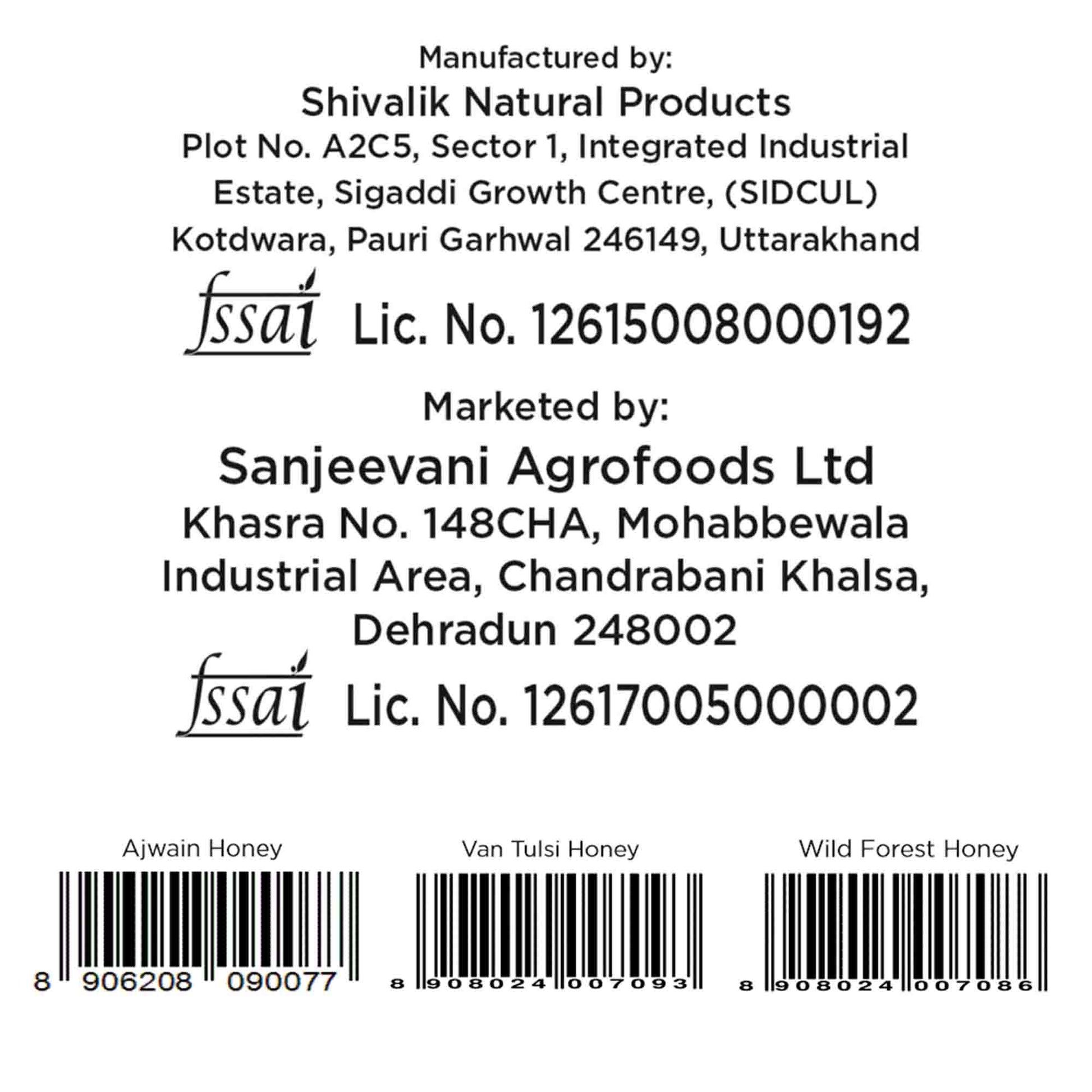 Barsana Magic and Product label with Shivalik Natural Products and Sanjeevani Agrofoods Ltd information, including barcodes for Ajwain Honey, Van Tulsi Honey, and Wild Forest Honey.