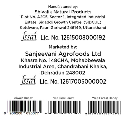Barsana Magic and Product label with Shivalik Natural Products and Sanjeevani Agrofoods Ltd information, including barcodes for Ajwain Honey, Van Tulsi Honey, and Wild Forest Honey.