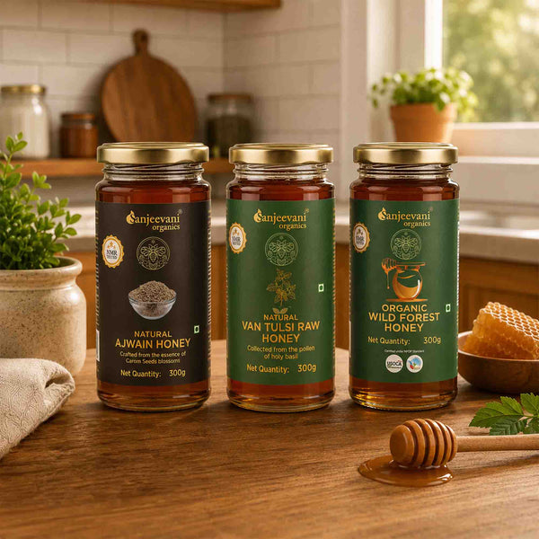Organic Wild Forest Honey + Natural Van Tulsi Raw Honey + Natural Ajwain Honey (Pack of 3) - Get Free 5 Sachets & Honey Stick