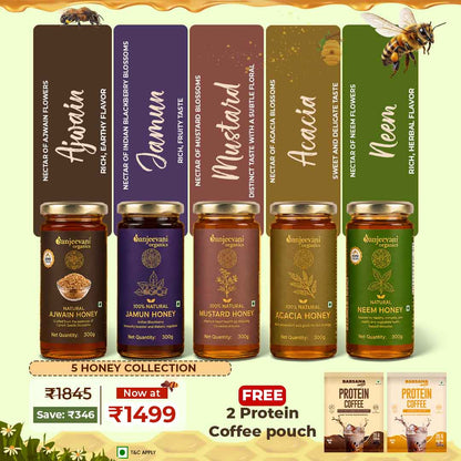 Natural Honey Combo Pack of Ajwain, Neem, Jamun, Acacia, Mustard Honey & Free 2 Protein Coffee (Latte & Dark Chocolate) Pouches