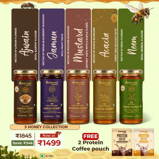 Barsana Magic and Collection of honey jars with labels and a promotional offer on a light green background