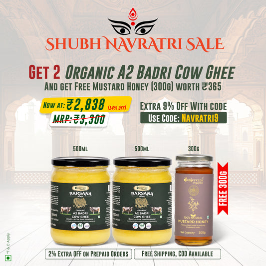 Barsana Magic and Promotional advertisement for Shubh Navratri Sale with organic A2 Badri Cow Ghee and mustard honey.