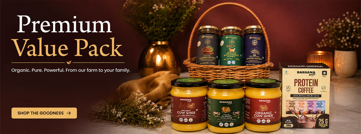 Barsana Magic and Premium value pack with organic products on a wooden surface.
