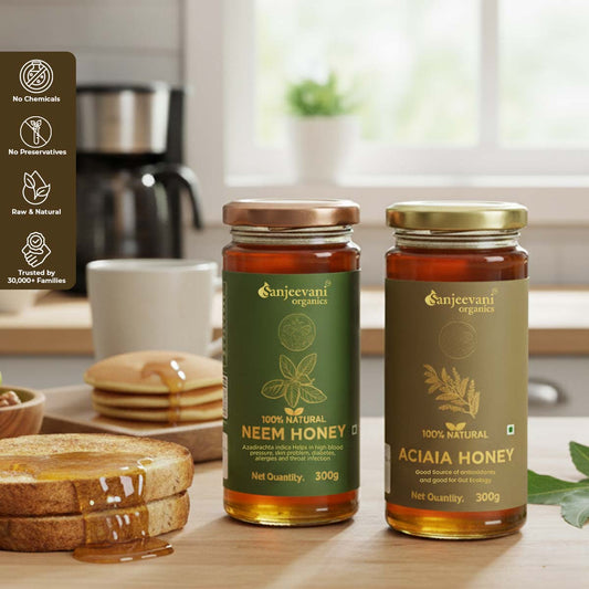 Barsana Magic and Two jars of honey from Sanjeevani Organics on a kitchen counter with toast and a coffee maker in the background.