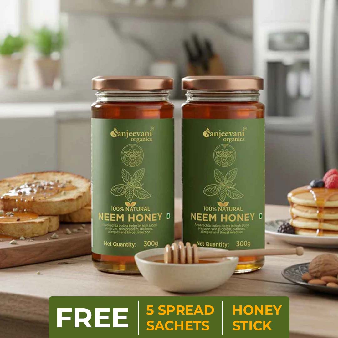 Barsana Magic and Two jars of Sanjeevani Neem Honey on a kitchen counter with breakfast items.
