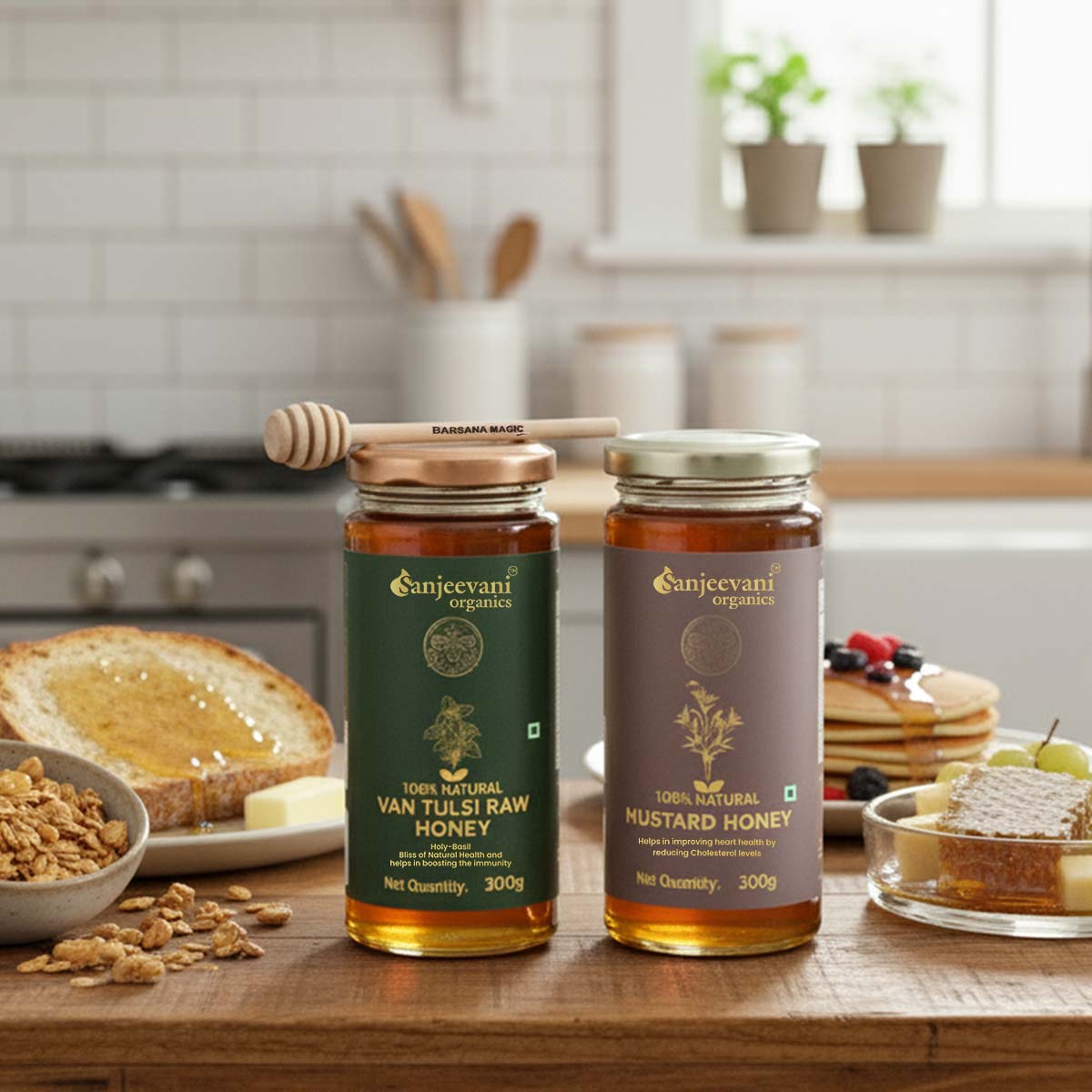 Barsana Magic and Two jars of honey from Sannjeevani Organics on a kitchen counter with toast and berries.