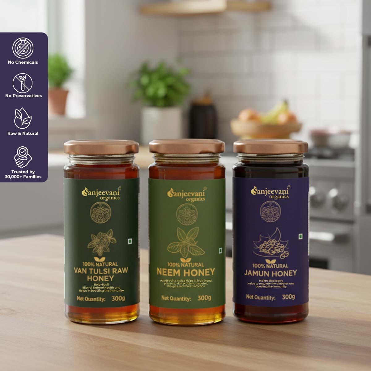 Barsana Magic and Three jars of honey from Sanjeevani Organics on a kitchen counter with a purple label on the left.