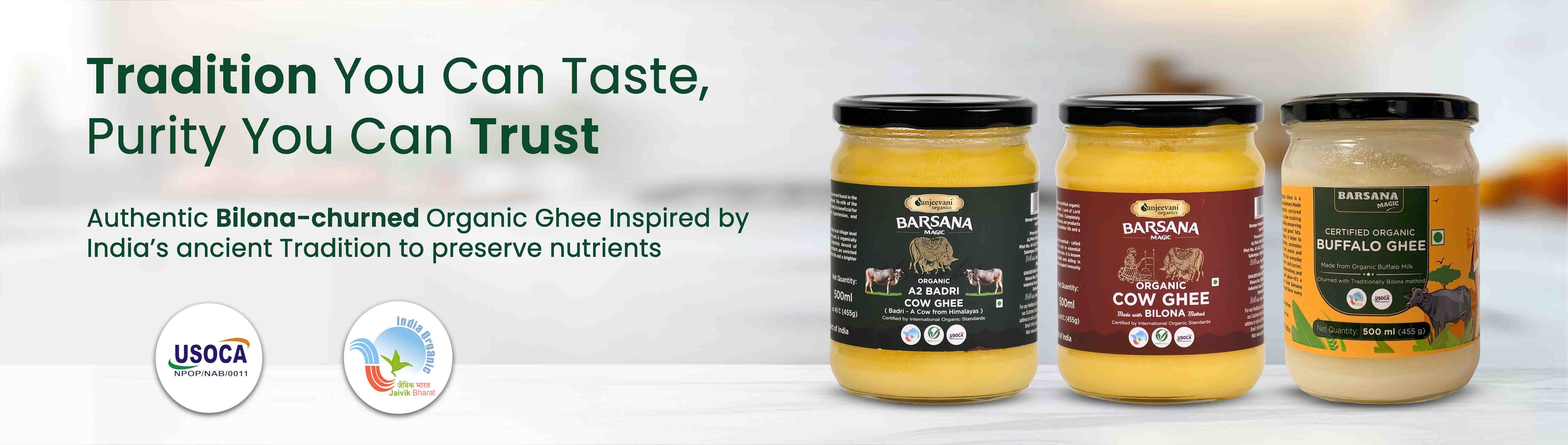 Barsana Magic and Three jars of organic ghee with labels on a white background, featuring the USDA Organic logo.