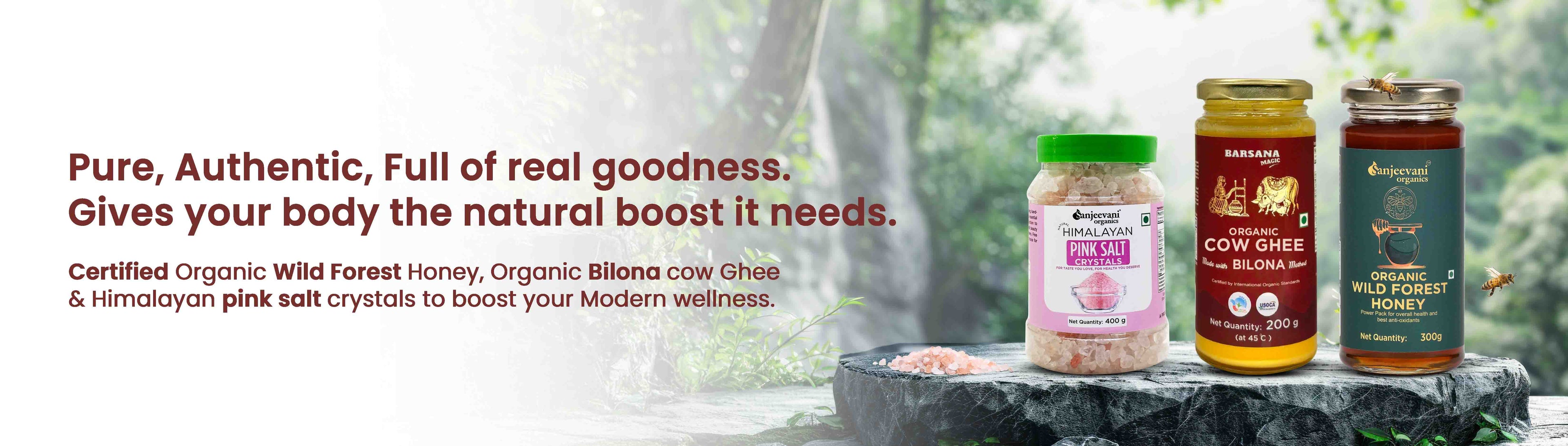 Barsana Magic and Three bottles of organic products on a stone surface with a natural background.