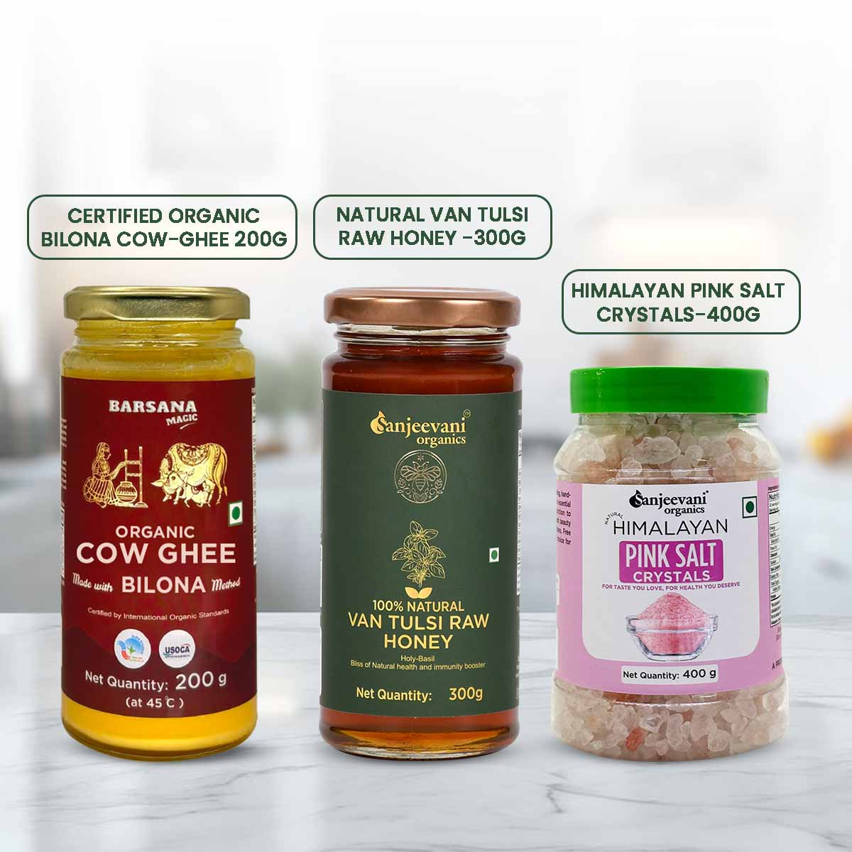 Barsana Magic and bilona cow ghee and natural van tulsi raw honey and himalayan pink salt crystals image
