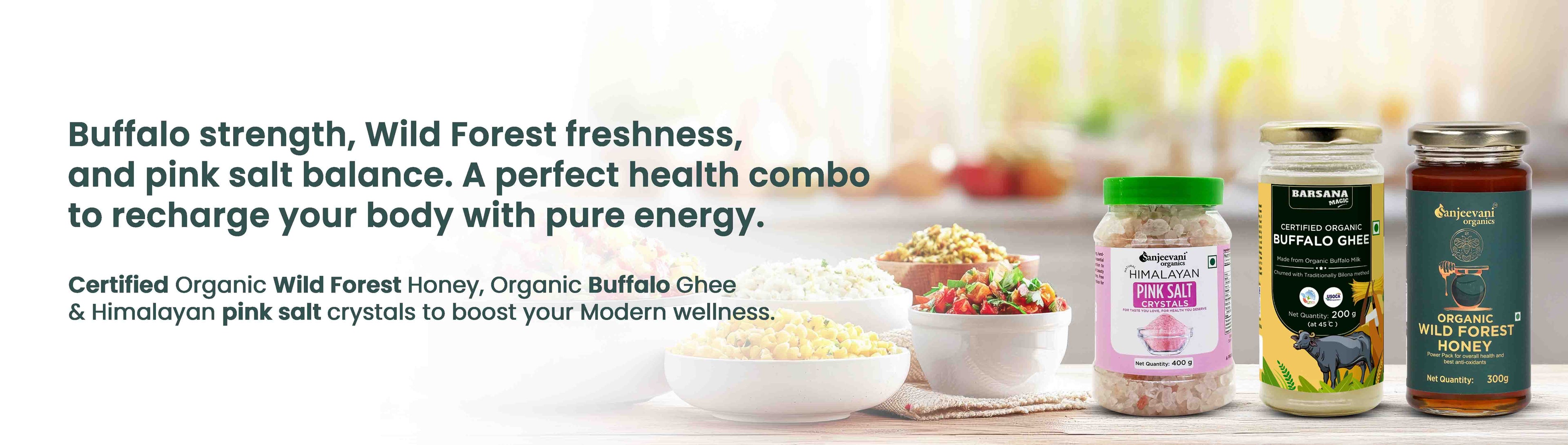 Barsana Magic and Product display with organic honey, ghee, and salt on a white background