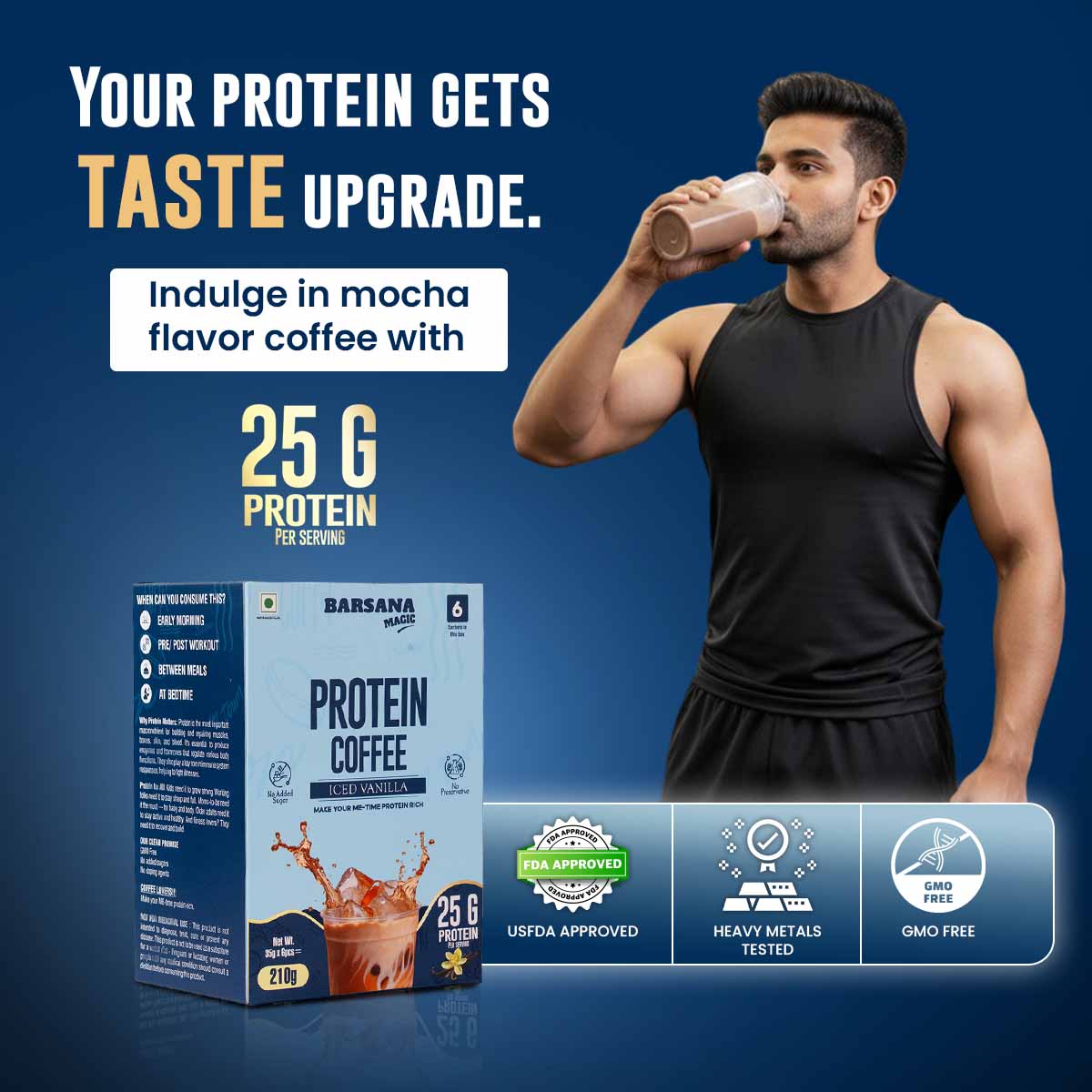 Barsana Magic and Man drinking protein coffee with product packaging and promotional text on a blue background