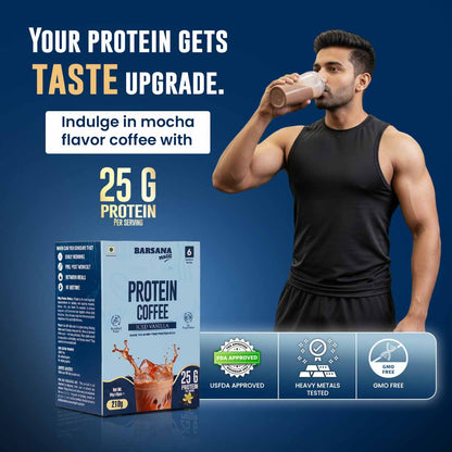 Barsana Magic and Man drinking protein coffee with product packaging and promotional text on a blue background