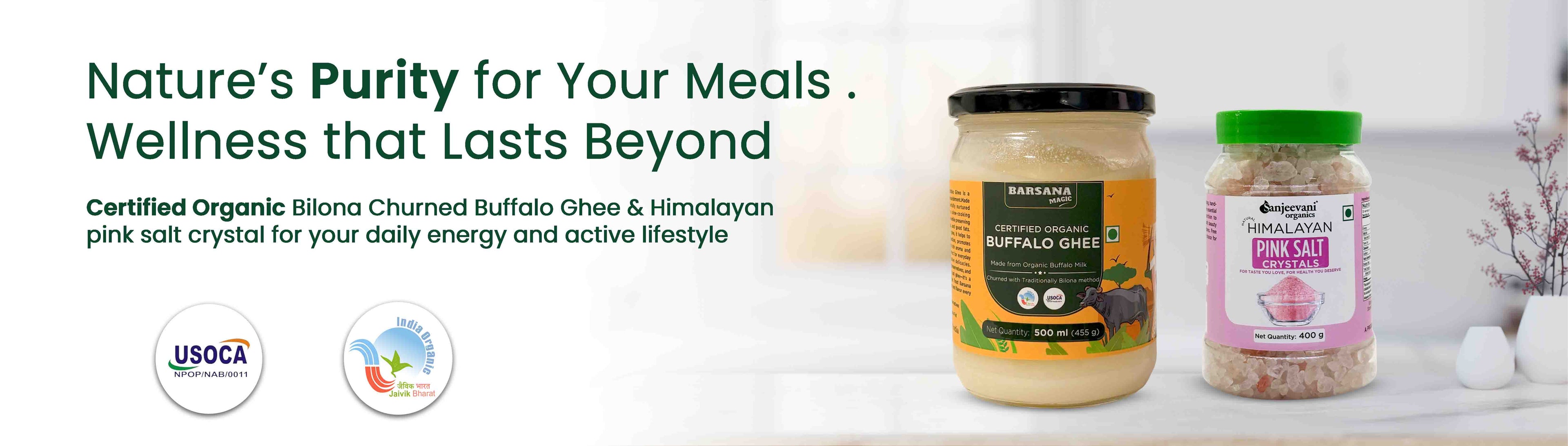 Barsana Magic and Two containers of organic ghee and pink salt on a white surface with promotional text and logos.
