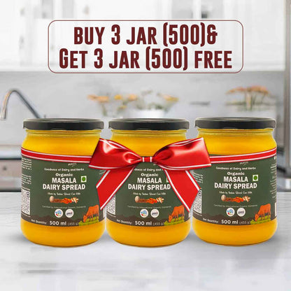 Barsana Magic and Three jars of Organic Masala Dairy Spread with a red bow on a kitchen counter, promotional text overlay.